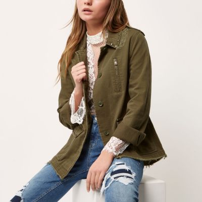 Khaki stud detail miltary jacket